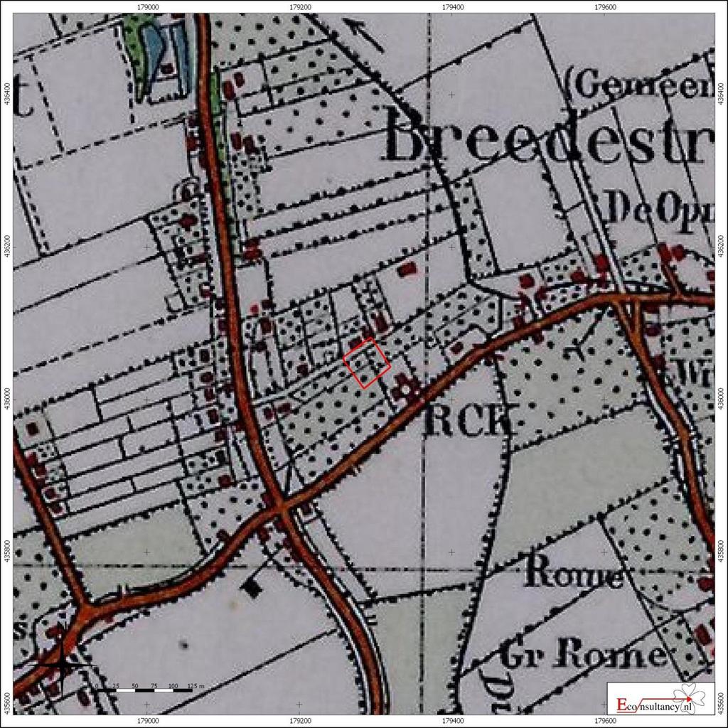 Figuur 6. Situering van het plangebied binnen de Militaire topografische kaart uit 1929 (Bonneblad) Herveld (gemeente Overbetuwe) - St.