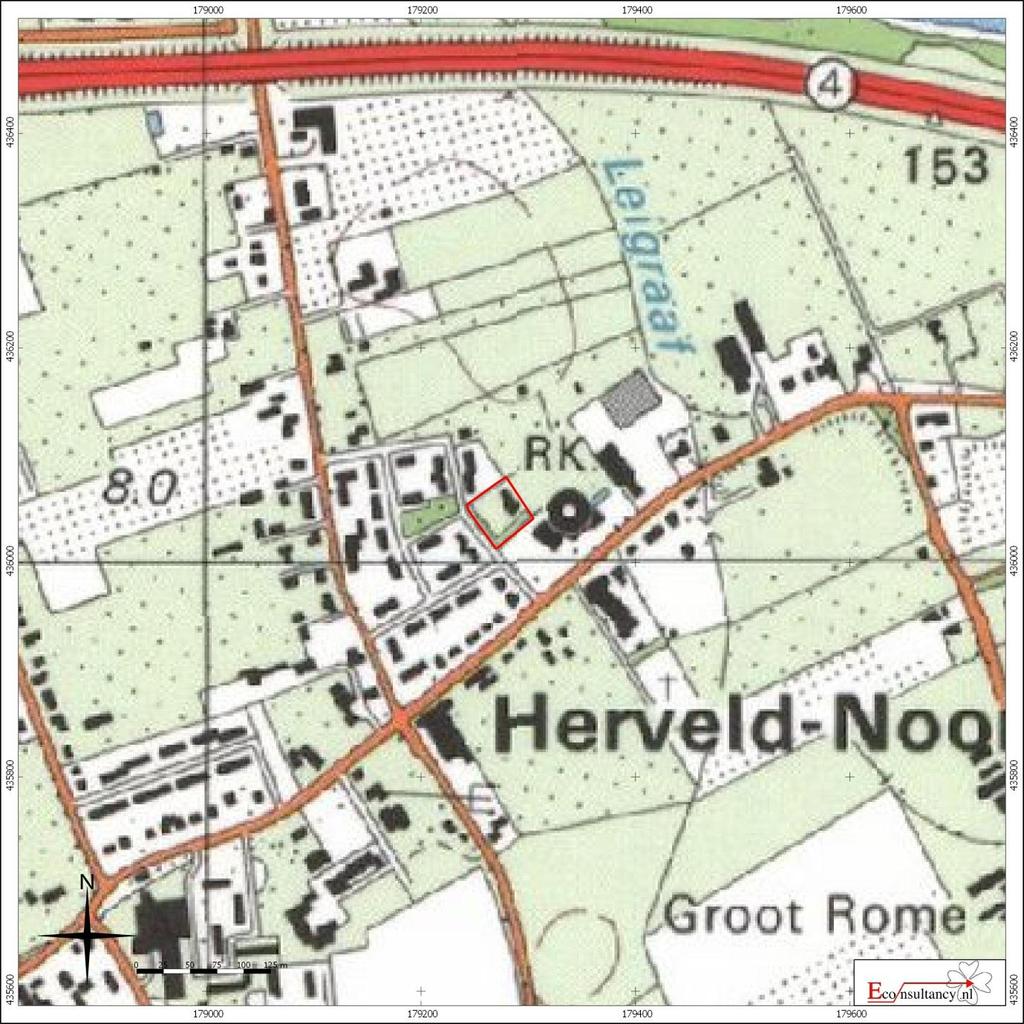 Figuur 10. Situering van het plangebied binnen de Topografische kaart uit 1991 Herveld (gemeente Overbetuwe) - St.