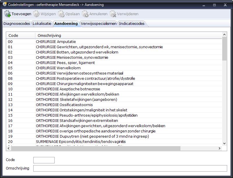 Aandoening Op dit tabblad vind u de codes