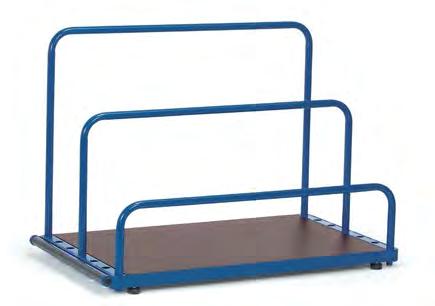 10 jaar PLATENWAGENS -STANDAARD 115 Platenwagens 4411 4412 4413 Met vaste beugels. Stalen buis en gelast profielstaal, gepoedercoat blauw RAL 5007. Platform van houtvezelplaat, toplaag in beukendecor.