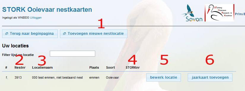 Als uw nest al langer bestaat, dan vindt u bij (4) het STORK-nestnummer. Nieuwe nesten hebben alleen een Nestnummer (2). Toevoegen nieuwe nestlocatie Klik op de knop Toevoegen nieuwe nestlocatie (1).