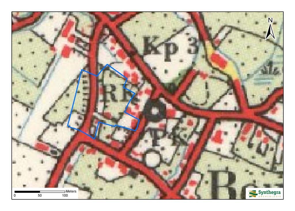 S194 Afbeelding 2.8: Ligging van het plangebied op de kaart uit circa 1957, aangegeven met het blauwe kader (Bron: www.watwaswaar.nl).