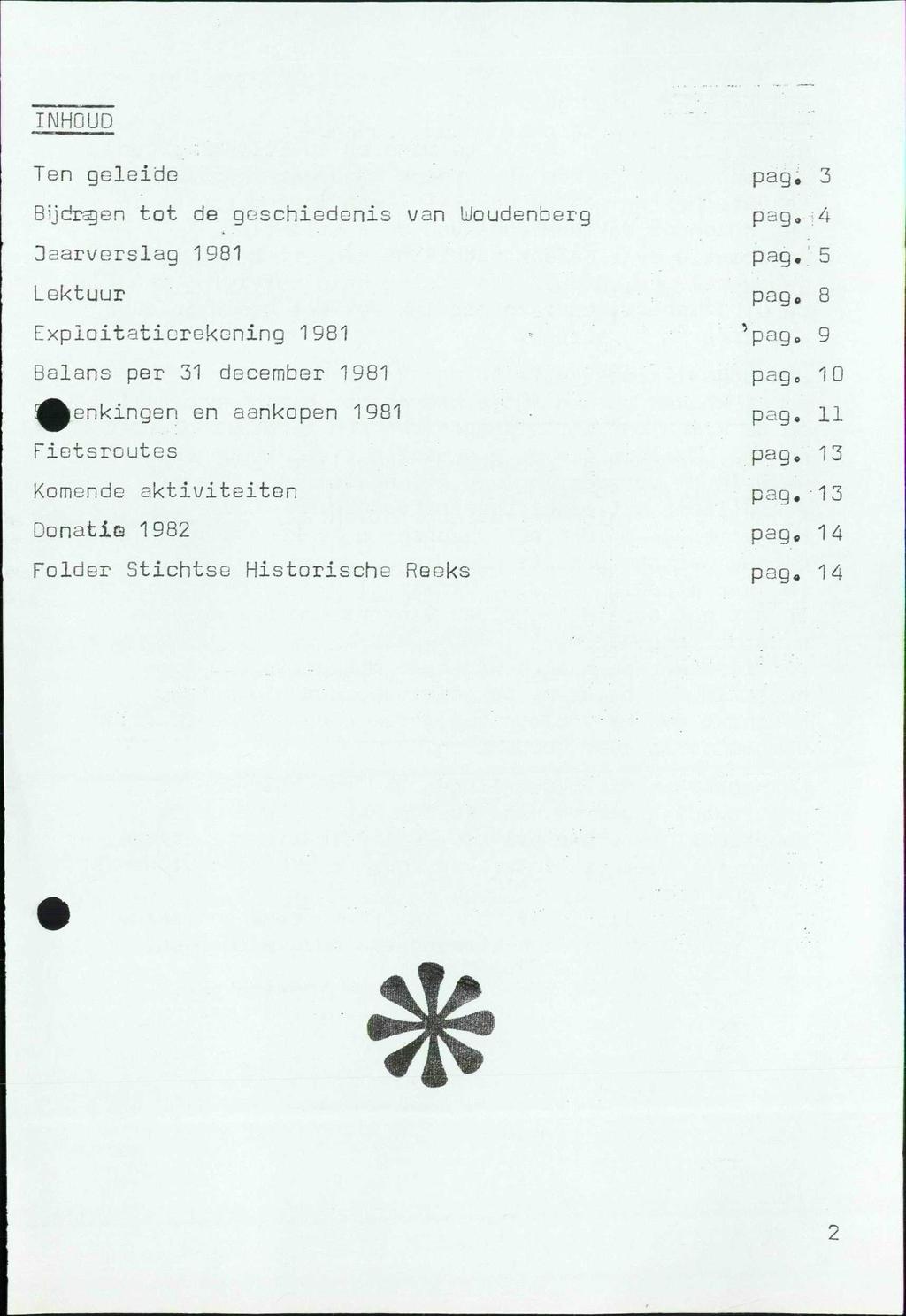 INHOUD Ten geleide Bijdrsjen tot de geschiedenis van Woudenberg Jaarverslag 1981 Lektuur Exploitatierekening 1981 Balans per 31 december 1981 4fe en aankopen 1981