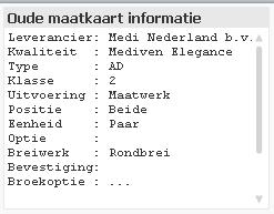 Het veld Oude maatkaart informatie wordt gevuld wanneer op de maatkaart