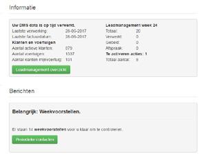 Rechterdeel pagina Onder "Informatie" vindt u informatie over de verwerking van uw DMS data, klanten en voertuigen, leadmanagement en eventuele acties om te activeren.