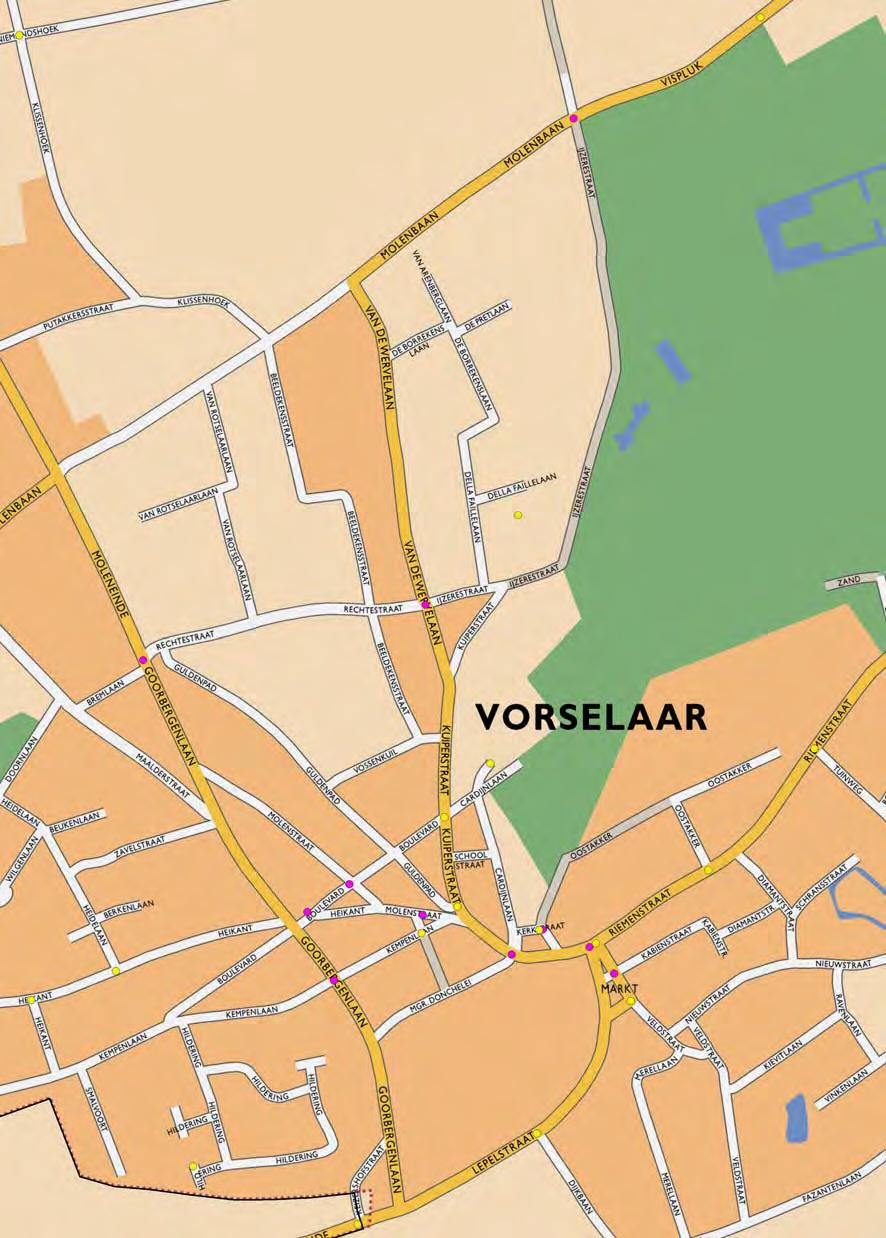Figuur 8: Locatie ongevallen 2002 2006 in het centrum van Vorselaar (geel = ongeval(len) met materiële schade, roze = ongeval(len) met gewonden; 1 bolletje = 1 of