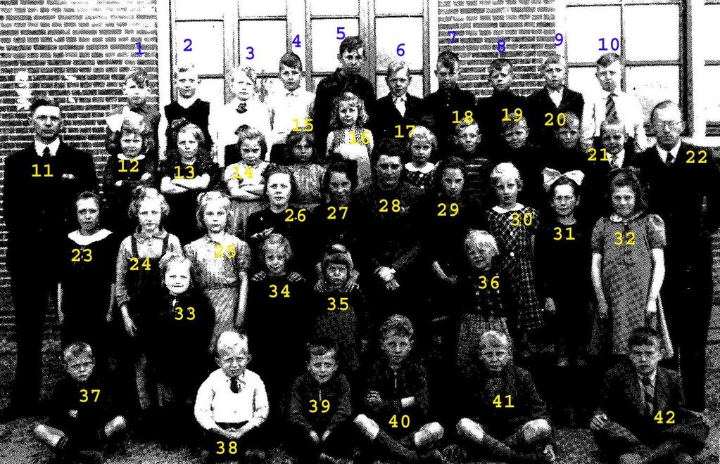 Schuiling 13= Annie Bos 14= Willie Zevenberg 15= Grietje Hogenberg 16= Dineke Kalter 17= Maaike Kieft 18= Jan Kalter 19= Jans Jakobs (Eggeweg) 20= Hans Kalter 21=Bene Kroeze 22= meester Hagenauw 23=