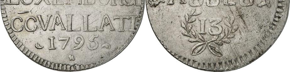 sol: Vz: wapenschild van Luxemburg; F II (Frans II) Kz: 1 SOL 1795 I 1795, Ø 31 mm, 16 tot 23 g, gegoten klokken- en kanonnenbrons Luxemburg: het Gibraltar van het Noorden De stad Luxemburg is