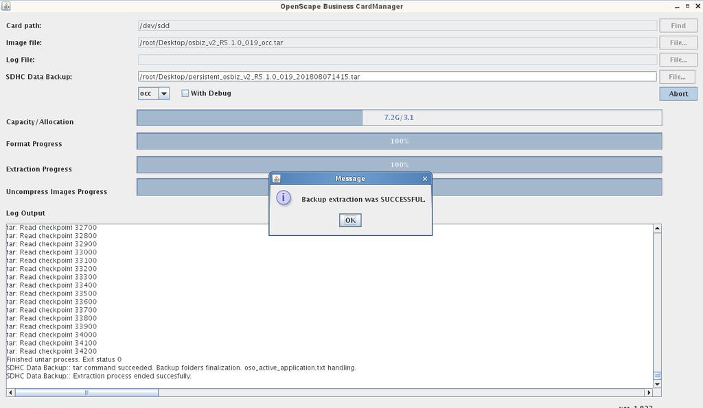 Zodra ook de SHDC Data Backup succesvol terug gezet is, komt de volgende melding. Klik op OK. De SDHC kaart is nu gereed om te plaatsen in de OpenScape Business.