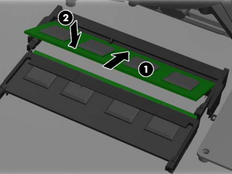 Stap 6 Om de nieuwe geheugenmodule (s) te installeren, schuift u de SODIMM in het stopcontact (s) bij ongeveer een hoek van 30 graden en druk op de SODIMM naar