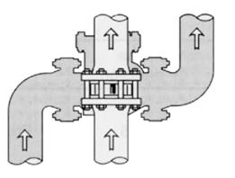De volgende tekeningen tonen een horizontale leiding (van boven af gezien) met klep met verticale