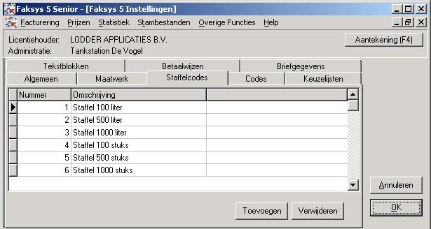 8 [Overige Functies][Instellingen][Faksys instellingen] tabblad [Staffelcodes] Module Afbeelding 2 Met de Module Kortingsstaffeldifferentiatie heeft u de mogelijkheid om 99 verschillende staffelcodes