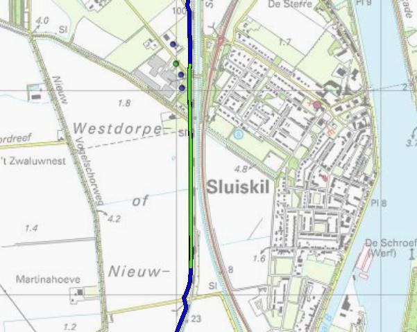 Figuur 5 Overschrijding van het groepsrisico als functie van de stationing van de Z-551-01.