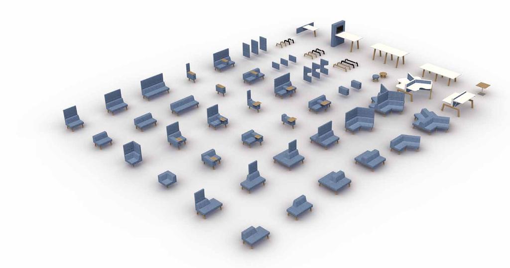 De Hybrid collectie kan worden onderverdeeld in drie categorieën: werkplekken, soft seating en tafels.