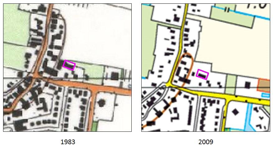 De luchtfoto op het voorblad uit 1945 laat de situatie zien, zoals deze ook op de kaart van 1961 is. Afbeelding 6. Plangebied op kaarten uit 1983 en 2009. 23 2.