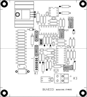 APPENDIX Aansluitgegevens De volgende tekening geeft een overzicht van de hoofdprint van de ST400EC meetkop. De sensor moet verbonden worden met de aansluitpunten van connector K1.