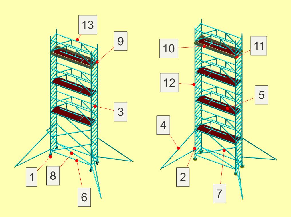 14.2 Lijst met onderdelen (smalle rolsteiger) Onderdeel Onderdeel 1 Wiel 8 Horizontaal/diagonaal (gele borgnok) 2 4-trapsraam 9 Kantplank kops 3 8-trapsraam 10 Kantplank langs 4 Uitzetpoot