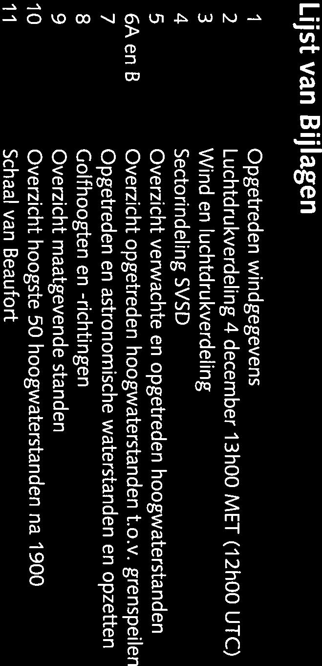 Lijst van Bijlagen 1 Opgetreden windgegevens 2 Luchtdrukverdeling 4 december 13h MET (12h UTC) 3 Wind en Iuchtdrukverdeling 4 Sectorindeling SVSD 5 Overzicht verwachte en opgetreden hoogwaterstanden