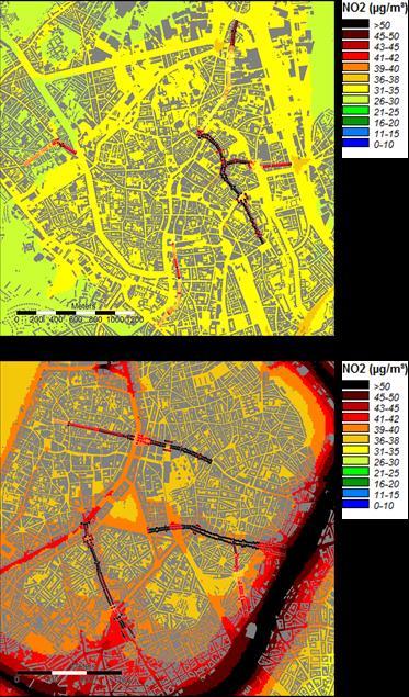 HOOFDSTUK 3 NO2 en fijn stof nu en in de toekomst Figuur 8 : Zoom op de jaargemiddelde NO 2 -concentratiekaart (2012, in µg/m³) voor 5 straten met street canyon-modellering in het Gentse (boven) en