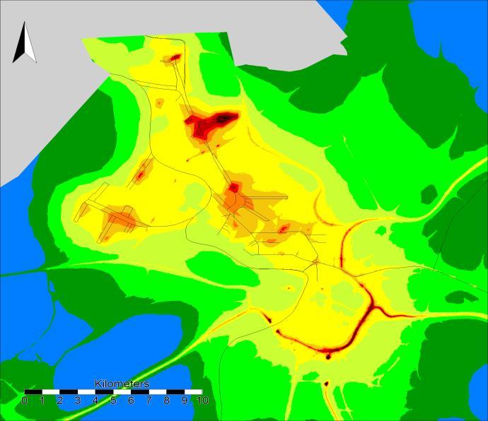 HOOFDSTUK 3 NO2 en fijn stof nu en in de toekomst Figuur 21 : Jaargemiddelde NO 2 -concentratie (2020, -scenario, in µg/m³, zonder street canyonmodellering) voor Vlaanderen (bovenaan), Gent (links