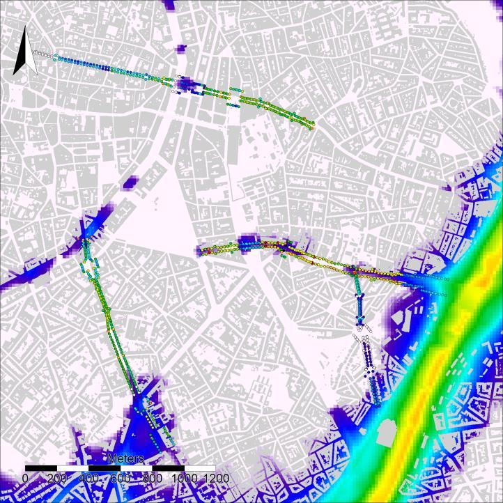 De grijze vlakken stellen de gebouwen voor. Fijn stof Voor fijn stof worden de concentratiedalingen die de voorbije jaren werden waargenomen, doorgezet in de toekomst, zij het op een trager tempo.