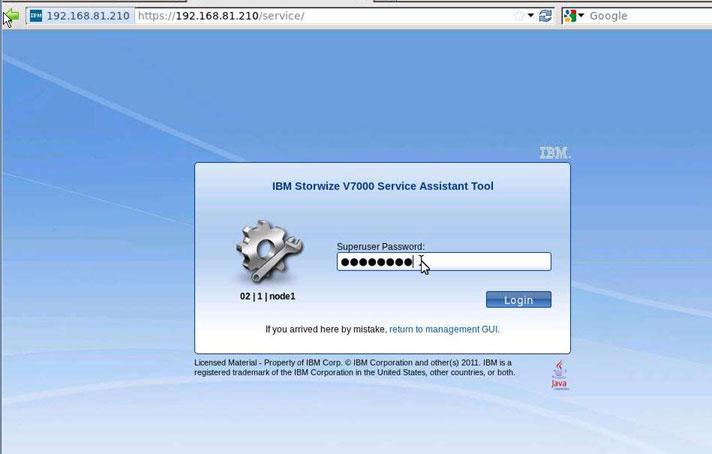 Figuur 19. Aanmeldingsvenster voor IBM Storwize V7000 Service Assistant Tool 16. Controleer dat er geen fouten worden vermeld in het veld Error.