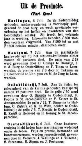 de Jong 1910 3 juli d.e.l. (er was ook een 4e premie) 1. T. Kramer - R. Koning - S. Kuipers (ƒ 36,-) 2. L. Breuker - J. Tjepkema - J. Dijkstra (ƒ 15,-) 3. G. Sjoorda (obz) - K. Wijbenga - S.