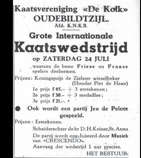 Krotje vertelde dat wisselbeker naar Zilvo gebracht was. Deze stond hier nog in een hoekje. Volksliederen zijn gespeeld. Demonstratie Jeu de Pelota werd gegeven. 26 juli v.f. 1. J. Rodenhuis - P.