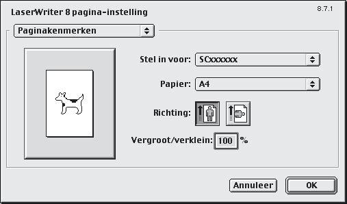 MAC OS 9 (1) 1 Open het venster voor de pagina-instelling in SimpleText. (1) Open het menu [Archief]. (2) Selecteer [Pagina-instelling]. (2) (1) (2) (3) 2 Selecteer de papierinstellingen.