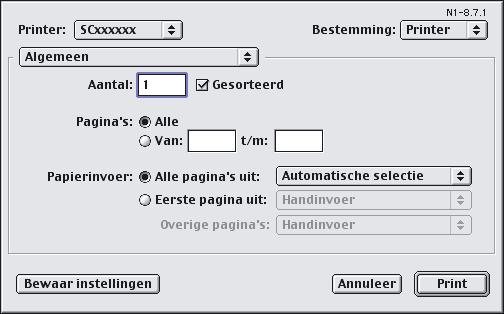 De apparaatnaam die verschijnt in het menu "Printer" is normaal gesproken [SCxxxxxx]. ("xxxxxx" is een reeks tekens die varieert naargelang het model van uw apparaat.