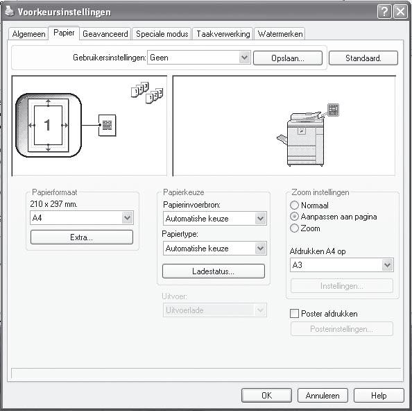 AFDRUKINSTELLINGEN SELECTEREN Om de afdrukfunctie van de machine te wijzigen, moeten de instellingen in het eigenschappenvenster van het printerstuurprogramma worden geconfigureerd.