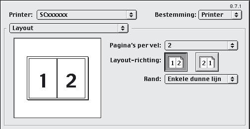 Macintosh De procedure om de printerdriverinstellingen te selecteren, wordt hieronder uitgelegd aan de hand van het voorbeeld "Meerdere afbeeldingen afdrukken op één vel papier (X pagina's-op-1vel
