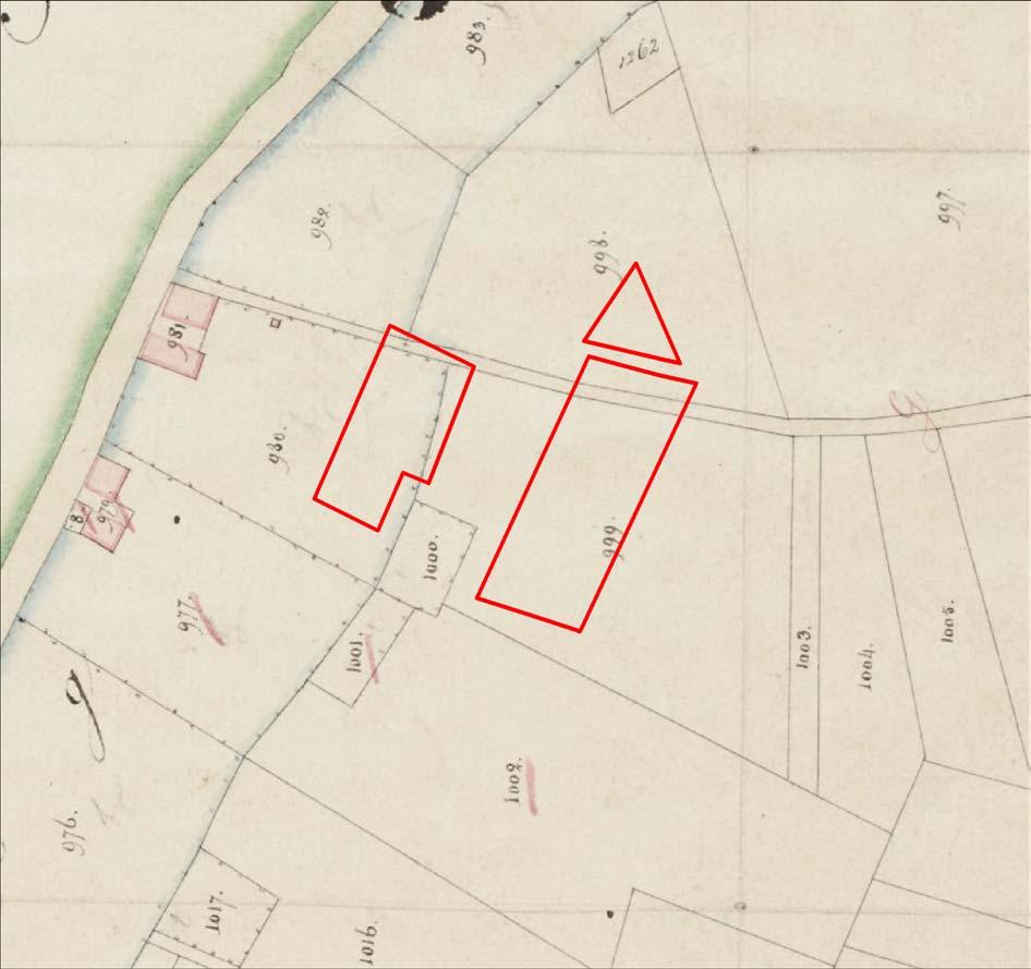 Archeologische onderzoek Bakkersland, Gemeente Sevenum. ArcheoPro Rapport, 911, Pagina 16 De kadasterkaart uit 1832 toont dat het plangebied bestaat uit de percelen 980 (links), 998 en 999 (rechts).