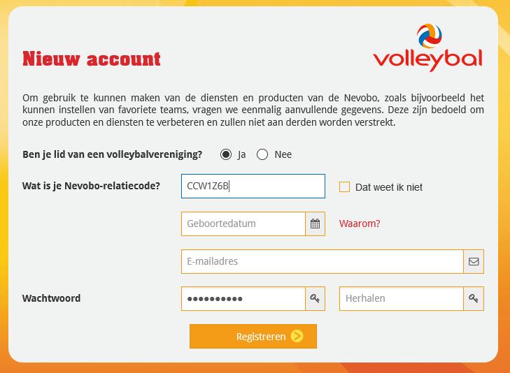 Inloggen op Nevobo-site / DWF (4) Vul de gevraagde gegevens in: - Lid : Ja - Nevobo-relatiecode - Geboortedatum - E-mailadres -
