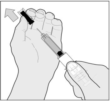 4. Verwijder de naaldhuls door deze eerst te draaien en trek deze dan in een rechte lijn van de naald af (zie figuur B). Figuur B Gooi de naaldhuls weg.