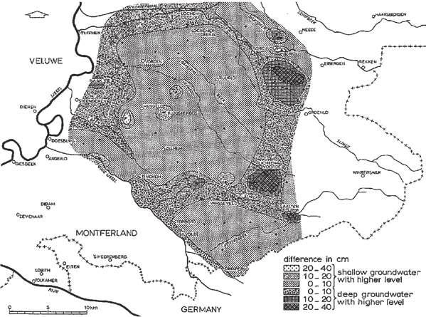 De kaart met het stijghoogteverschil heeft betrekking op gemeten verschillen op 7 november 1968 op 58 locaties.
