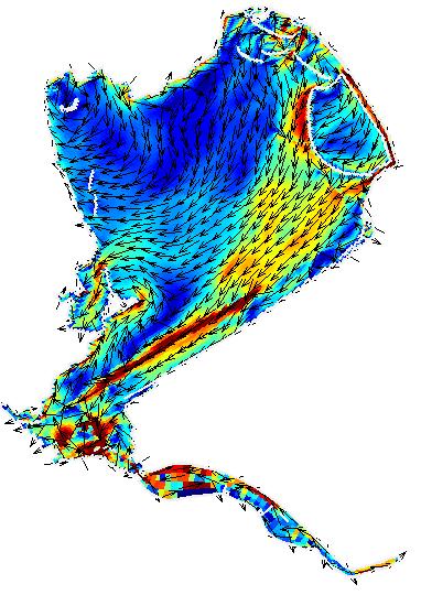 Figuur 3.3: Horizontale stroomsnelheid aan de bodem [m/s] voor verschillende scenario s tijdens stormcondities (5-12-2006 00:00) 3.