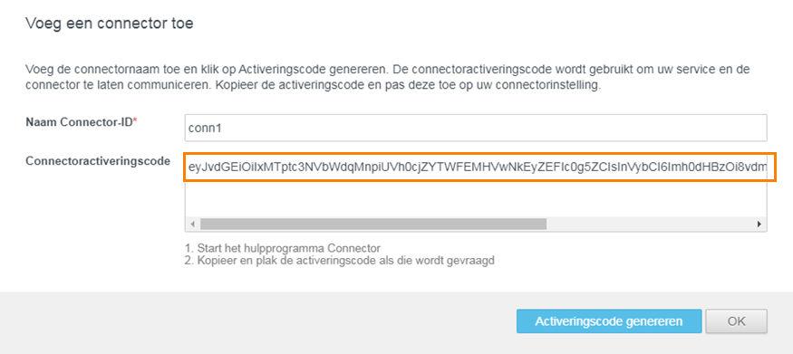 8 Kopieer de activeringscode en sla deze op. U heeft de activeringscode later nodig wanneer u de connector implementeert. U kunt de virtual appliance van de connector nu installeren.