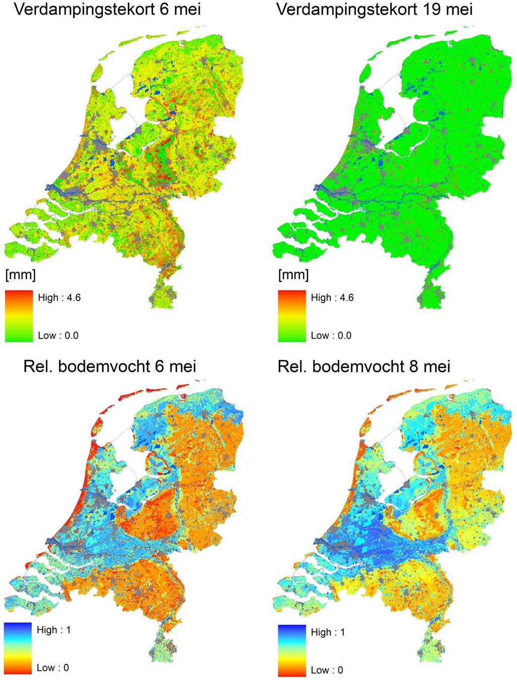 Figuur 3: Voorbeeld toepassing SPHY. Boven: Verdampingstekort in mm per dag na langdurige periode zonder neerslag en verdampingstekort na periode van regenval.