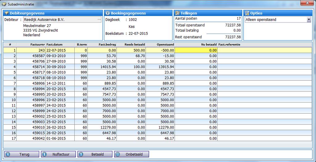 Sub administratie Boekt u debiteuren of crediteuren dan kunt u gebruik maken van de sub administratie om per klant of leverancier per factuur af te boeken.