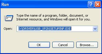 De driver installeren en instellen (Windows) 9. In het dialoogvenster, voert u het volgende in het Open veld in. Daarna klikt u op [OK]. D:\DRIVER\USB_XP2k\SETUPINF.