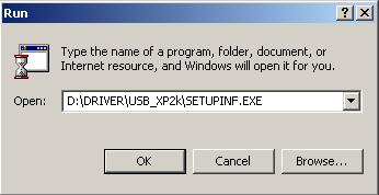 De driver installeren en instellen (Windows) 9. In het dialoogvenster voert u het volgende in. Klik daarna op [OK]. D:\DRIVER\USB_XP2k\SETUPINF.EXE * De drivenaam D kan op uw systeem anders zijn.