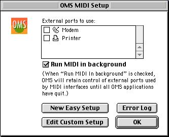 De driver installeren en instellen (Macintosh) 11. In het bewerkingsmenu selecteert u OMS MIDI Setup. In het OMS MIDI Setup dialoogvenster dat verschijnt, vinkt u Run MIDI in background aan.