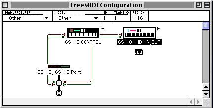 De driver installeren en instellen (Macintosh) 14. Als een MIDI geluidsmodule op de MIDI OUT aansluiting van de GS-10 is aangesloten, klikt u op het GS-10 MIDI IN, OUT icoon in het instellingsvenster.