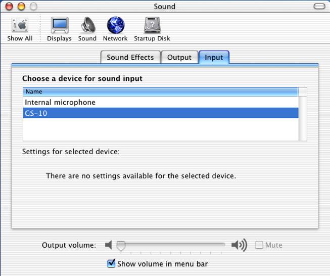 De driver installeren en instellen (Macintosh) 8. In de Output tab zet u Choose a device for sound output op GS-10. fig.11-700 De Main Volume schuifregelaar zal niet bewegen. 9.