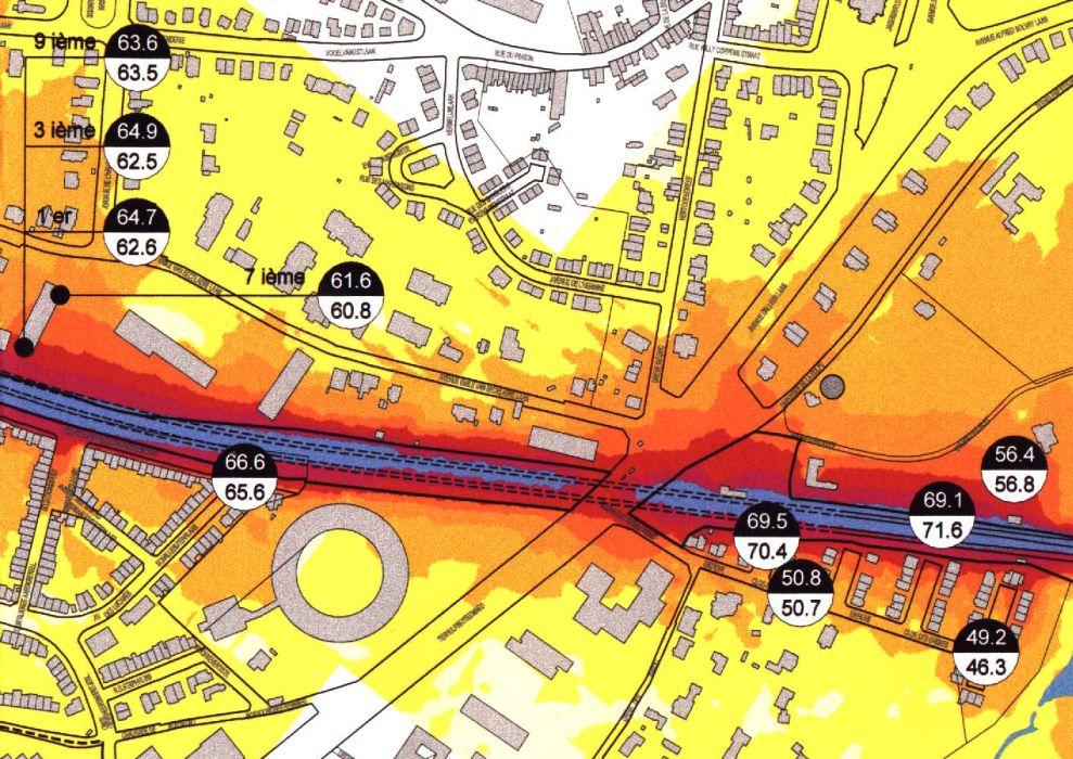 Kaart van blootstelling aan lawaai veroorzaakt door treinen,