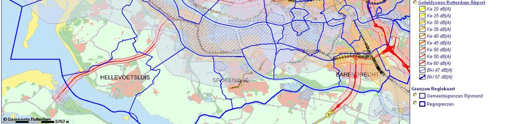 In onderstaande figuur zijn liggingen van de verschillende geluidzones gevisualiseerd. Dit zijn de geluidzones langs rijkswegen, spoorwegen, rondom de luchthaven en rondom de industrieterreinen.