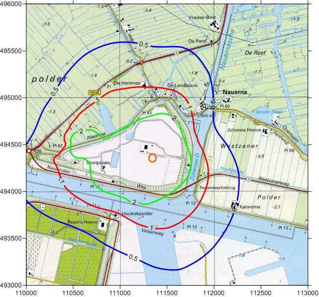 Figuur. Geurcontouren van 0,5, 1, 2 en 10 ou E(H)/m 3 als 98-percentielwaarde als gevolg van het afvalverwerkingsbedrijf.