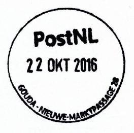 GOUDA - NIEUWE-MARKTPASSAGE 28 Het stempel werd teruggezonden in januari 2017 (22 OKT 2016).