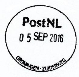 Het stempel werd teruggezonden in januari 2017 (05 SEP 2016). GRONINGEN - ZUIDERWEG 27 Het stempel werd in januari 2017 teruggezonden (07 JAN 2017).